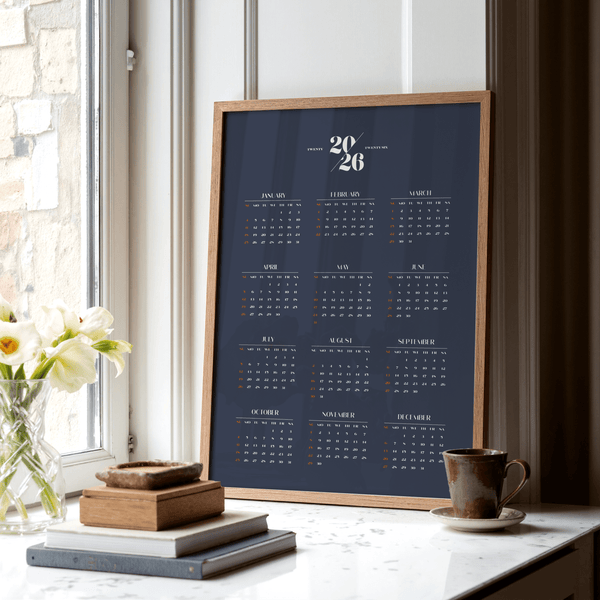 Minimalist Calendar poster print in Blue and White for study walls