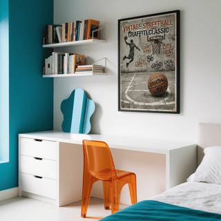 Streetball poster art with distressed tags, hoop net, and monochrome gray backdrop