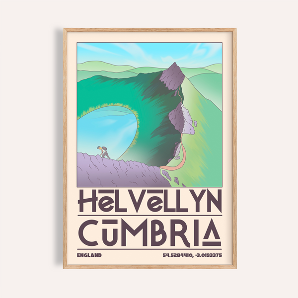 Helvellyn Cumbria Wall Art travel poster print with ridge path and lake view