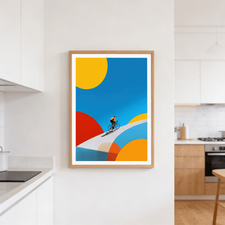 Modern cycling wall art poster with rider silhouette and layered arcs