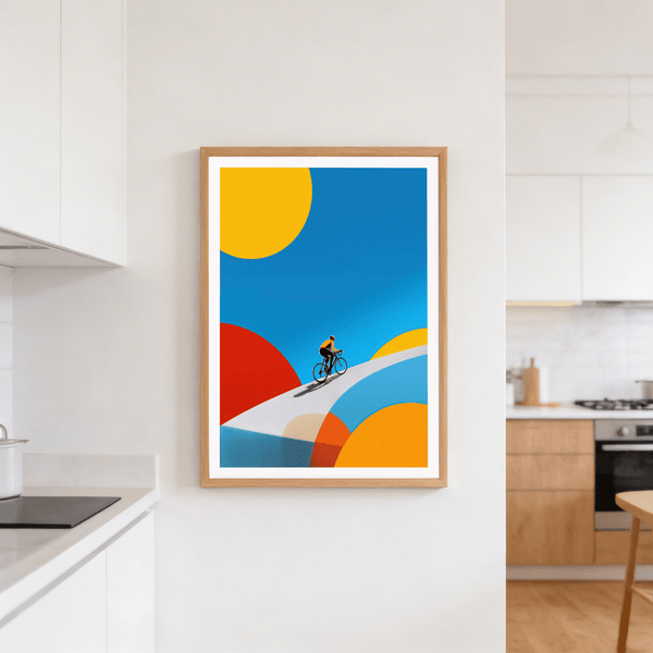 Modern cycling wall art poster with rider silhouette and layered arcs
