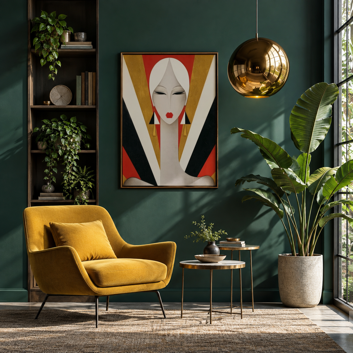 Detailed crop of geometric earrings and graphic face on modern portrait poster