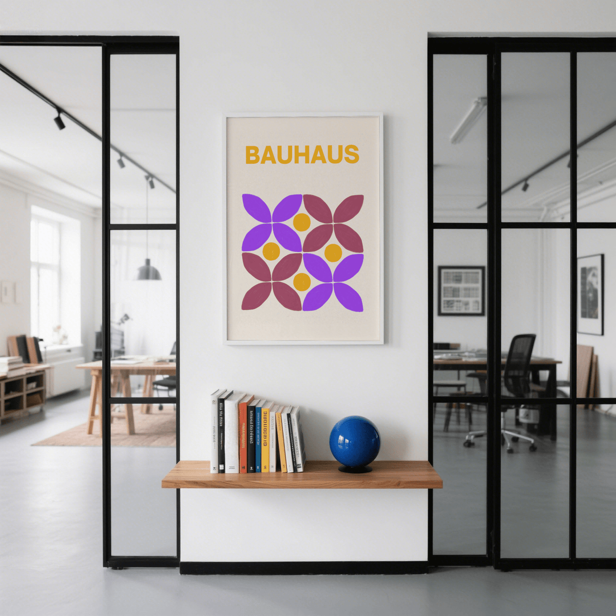 Contemporary Floral Shape Art in Brown, Purple, and Yellow for dining room