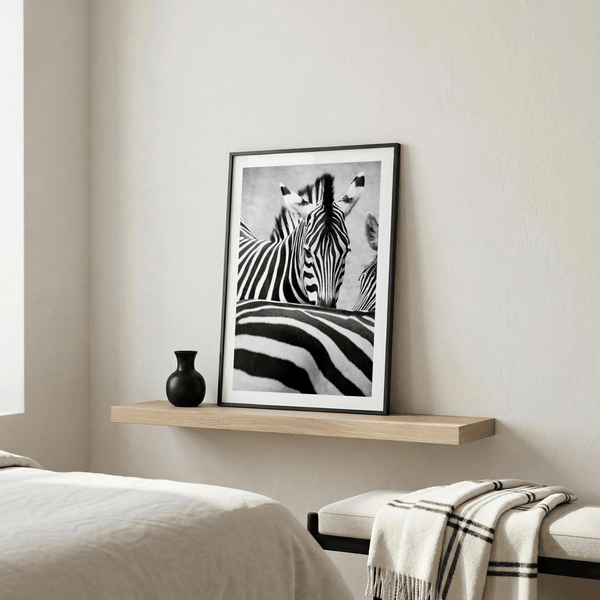Monochrome zebra wall art print with layered stripes in the foreground