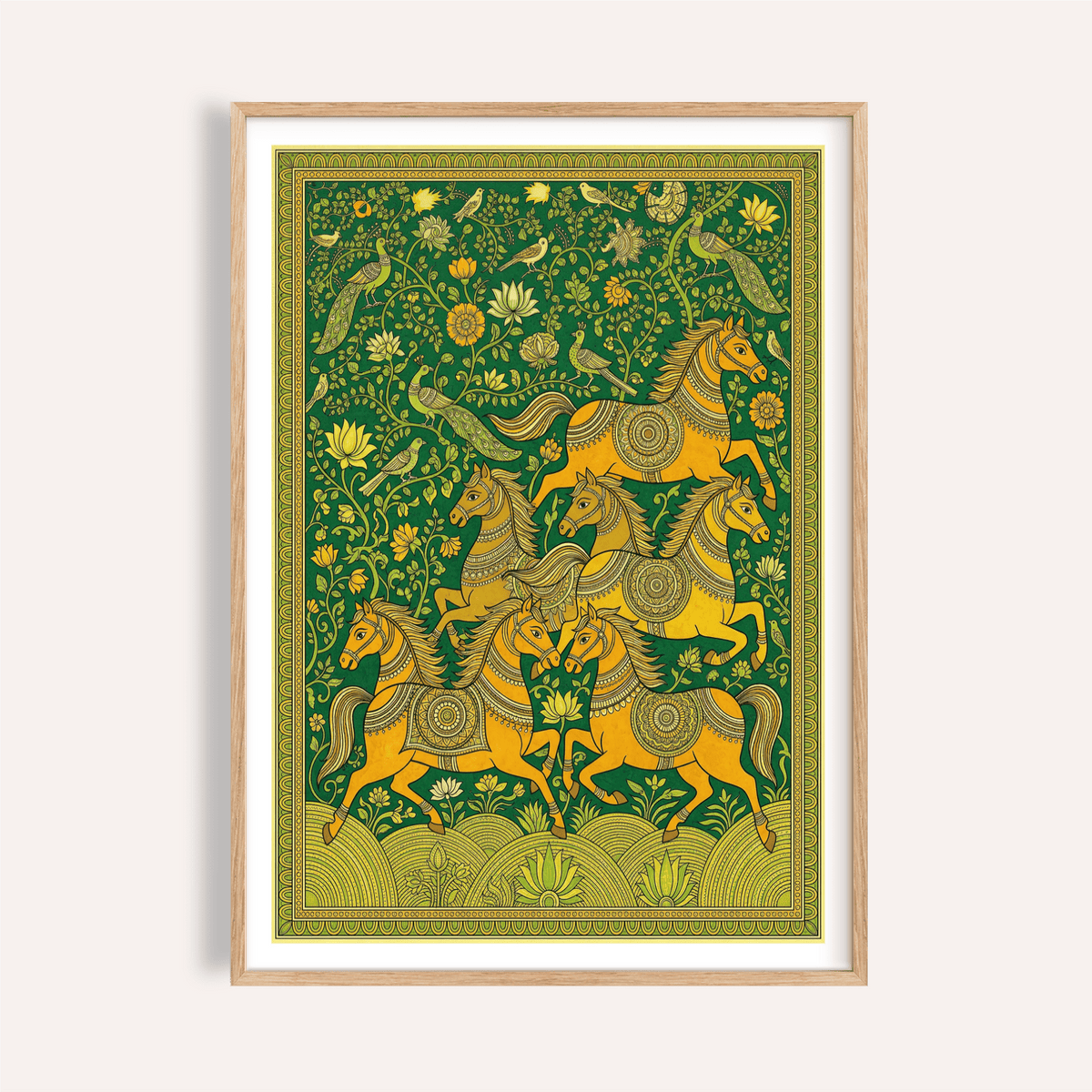Indian Horse Art Print showing galloping horses within ornate border