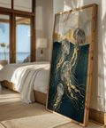 Abstract Jelly Fish Wall Art print with gold accents for lounge area