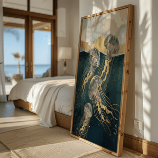 Abstract Jelly Fish Wall Art print with gold accents for lounge area