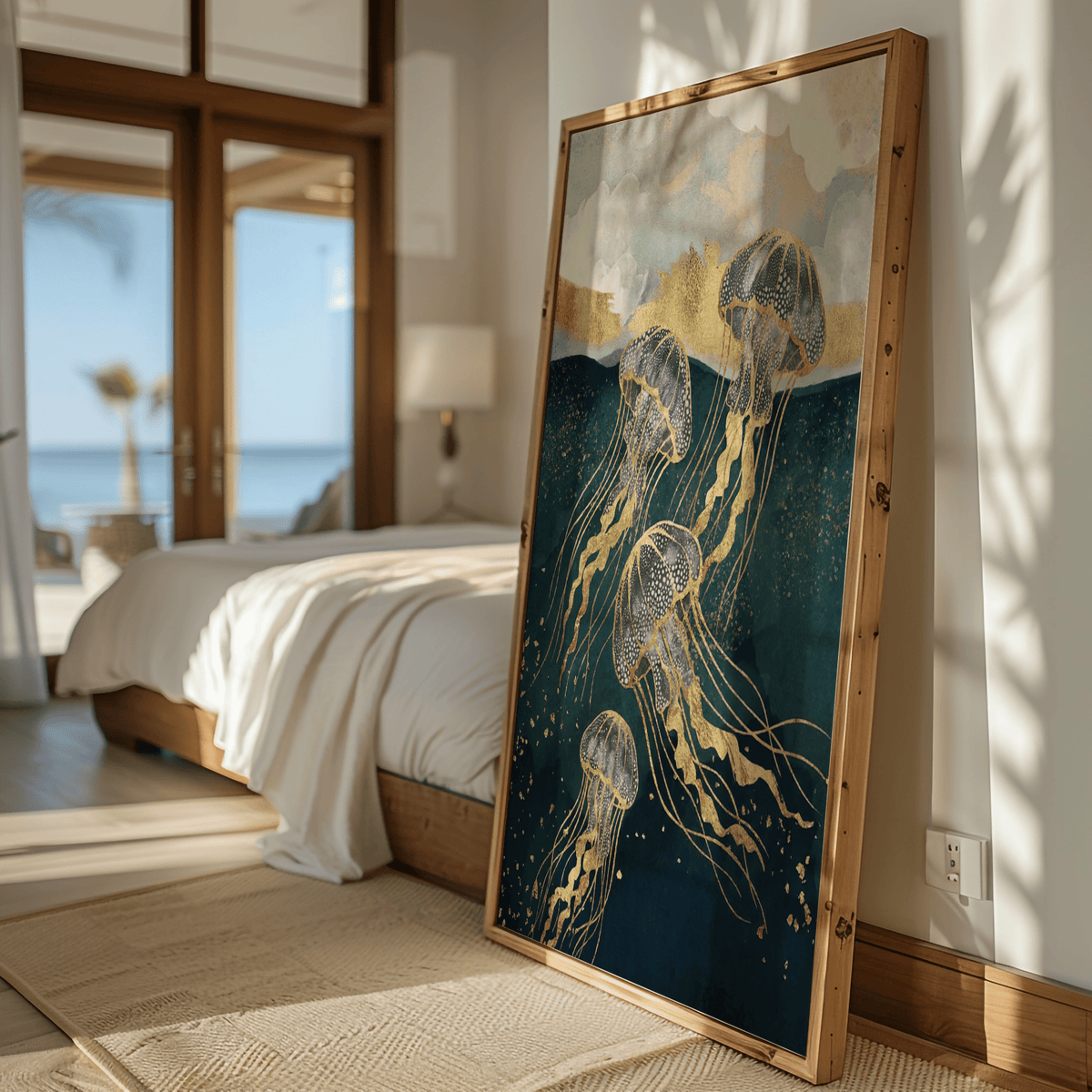 Abstract Jelly Fish Wall Art print with gold accents for lounge area