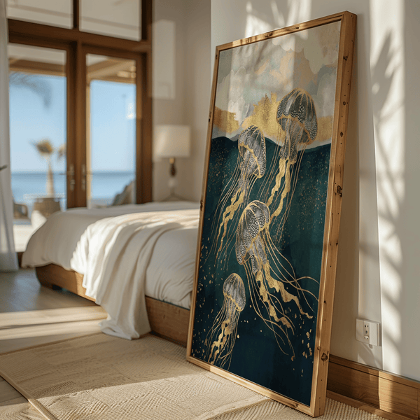 Abstract Jelly Fish Wall Art print with gold accents for lounge area