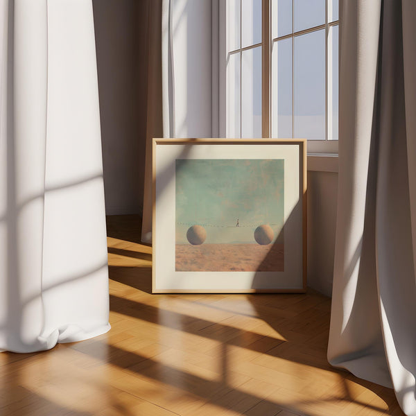Square format surrealist print with a mysterious tightrope illusion