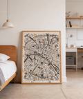 Illustrated landmark detail on Paris map poster featuring the Seine and bridge shapes