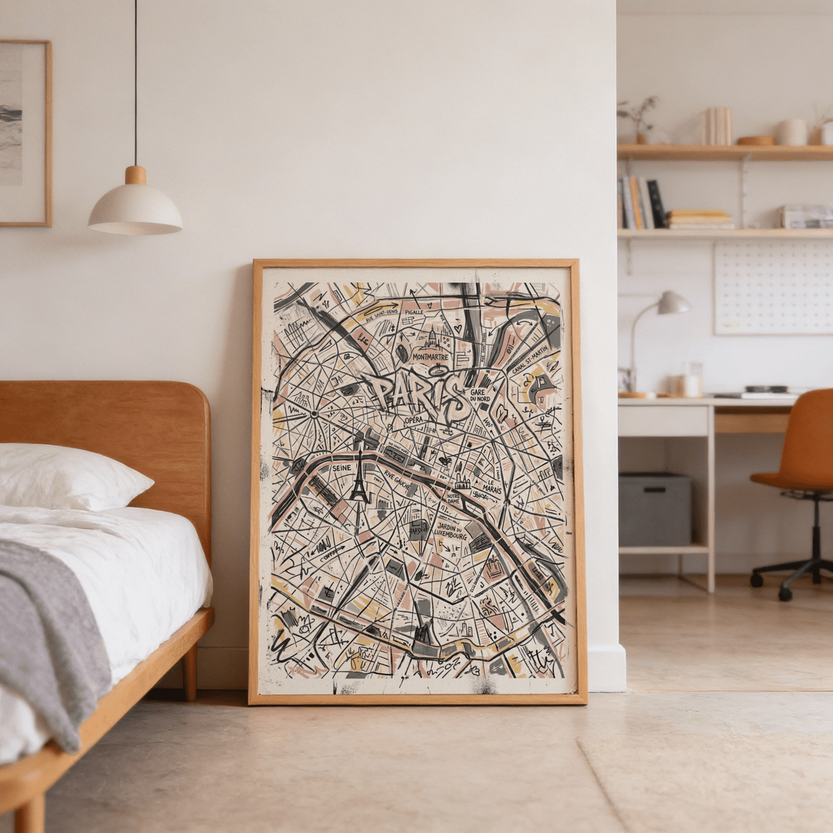 Illustrated landmark detail on Paris map poster featuring the Seine and bridge shapes