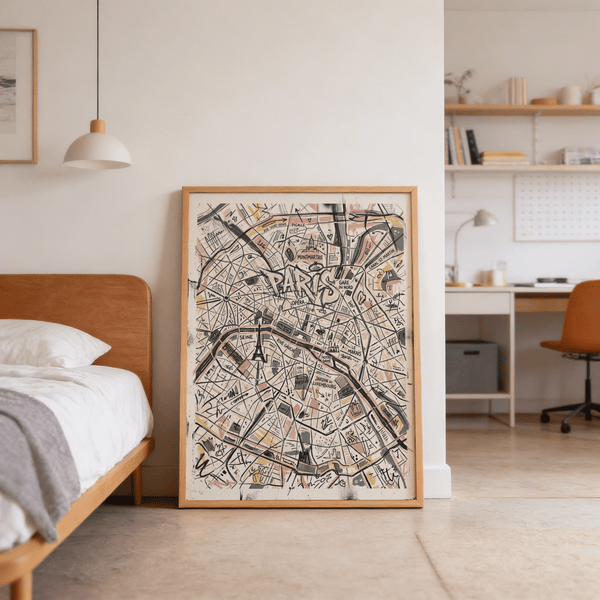 Illustrated landmark detail on Paris map poster featuring the Seine and bridge shapes
