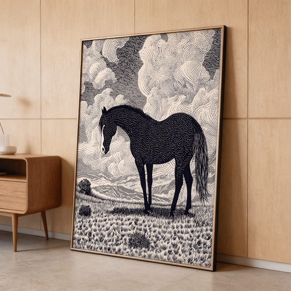 Black Horse Art Print showing a profile stallion against negative space