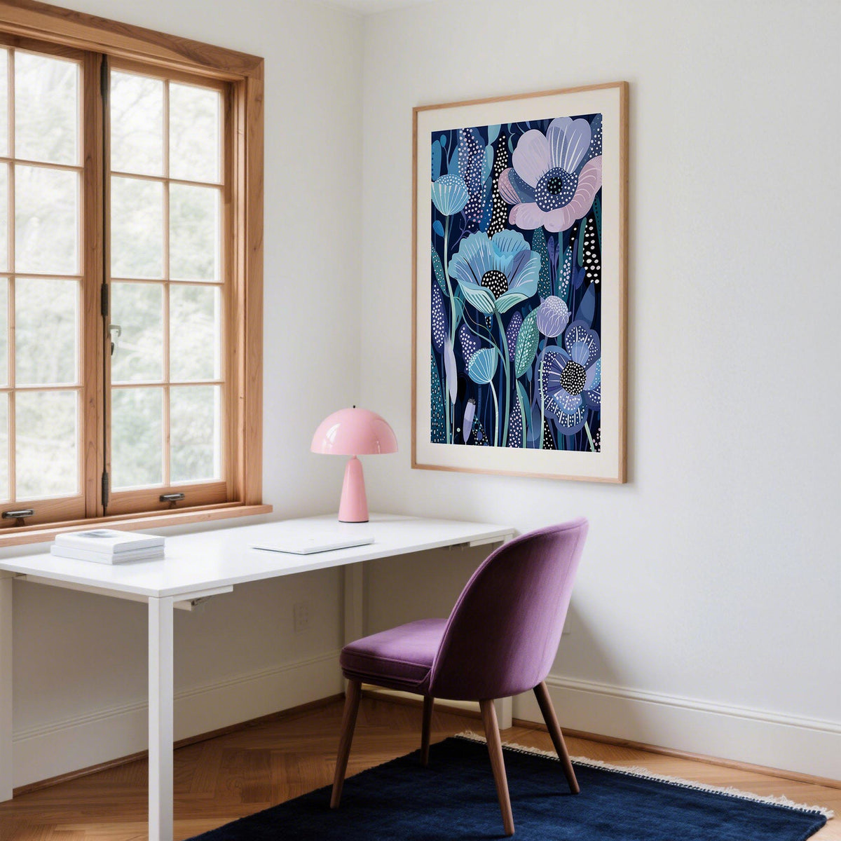 Blue and Purple Art with Kusama-inspired dots and stylized botanical forms.
