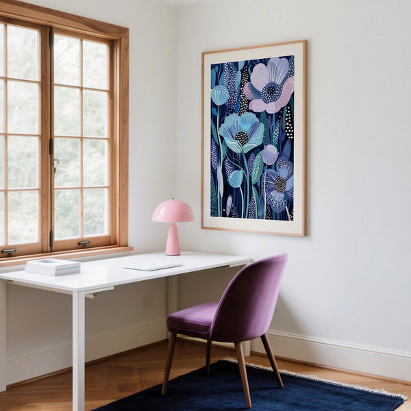 Blue and Purple Art with Kusama-inspired dots and stylized botanical forms.