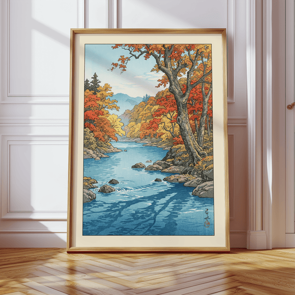 Detail shot of Hasui Kawase autumn print focusing on rocky shoreline and tree trunk