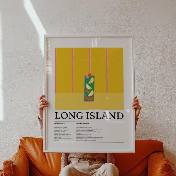 Drink print featuring Long Island Iced Tea cocktail in a tall green glass with citrus.