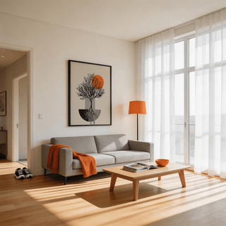 Modern botanical poster featuring bare tree branches and layered geometric shapes in Beige and Orange