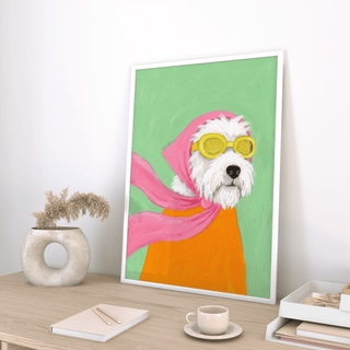 Funny Pet Poster showing whimsical aviator dog for creative office decor