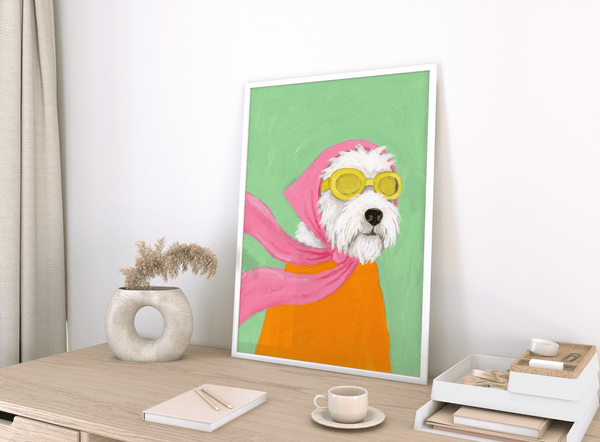 Funny Pet Poster showing whimsical aviator dog for creative office decor