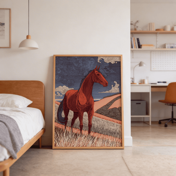 Contour illustration of a standing horse with woodcut texture