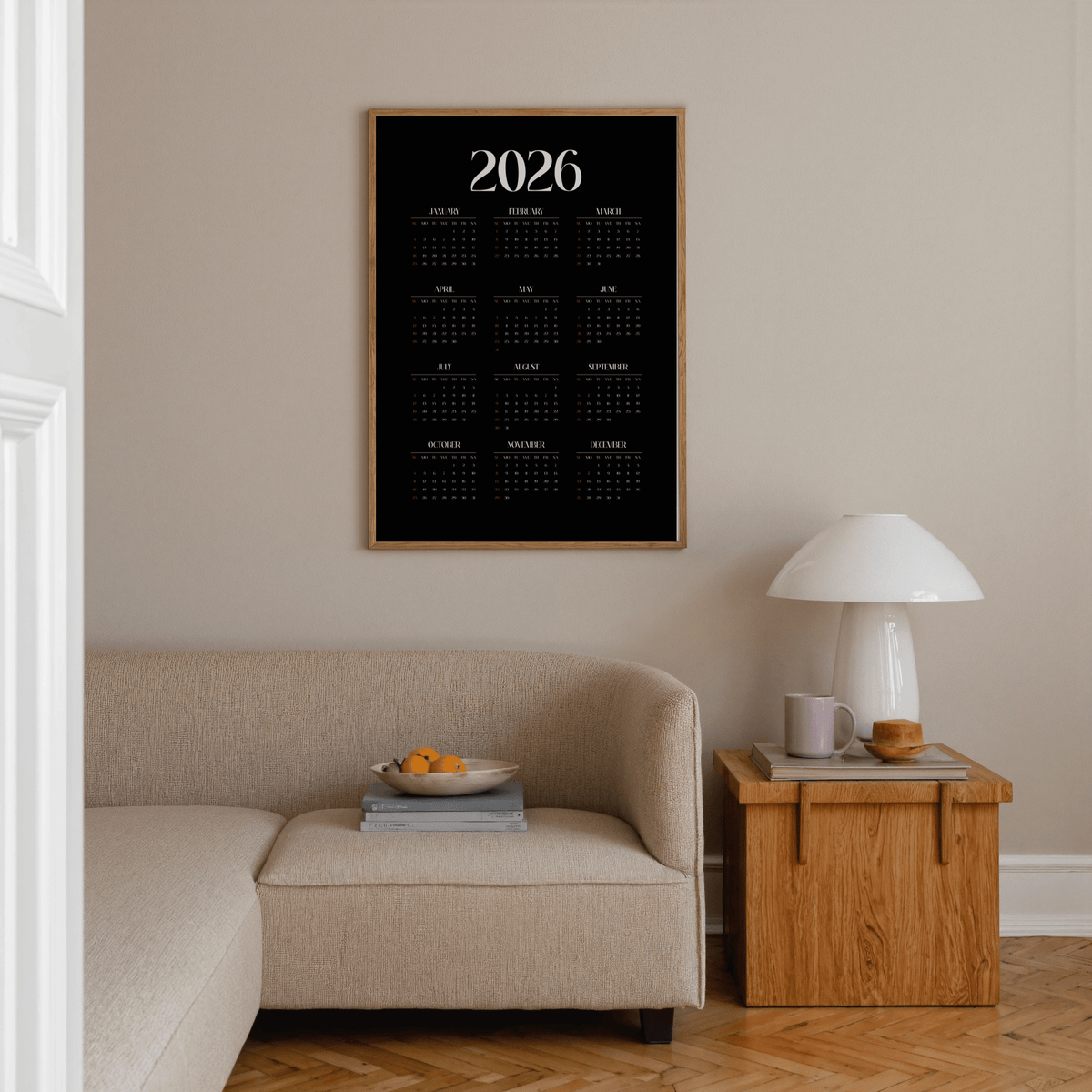 Modern Calendar Print Black White for modern workspace decor