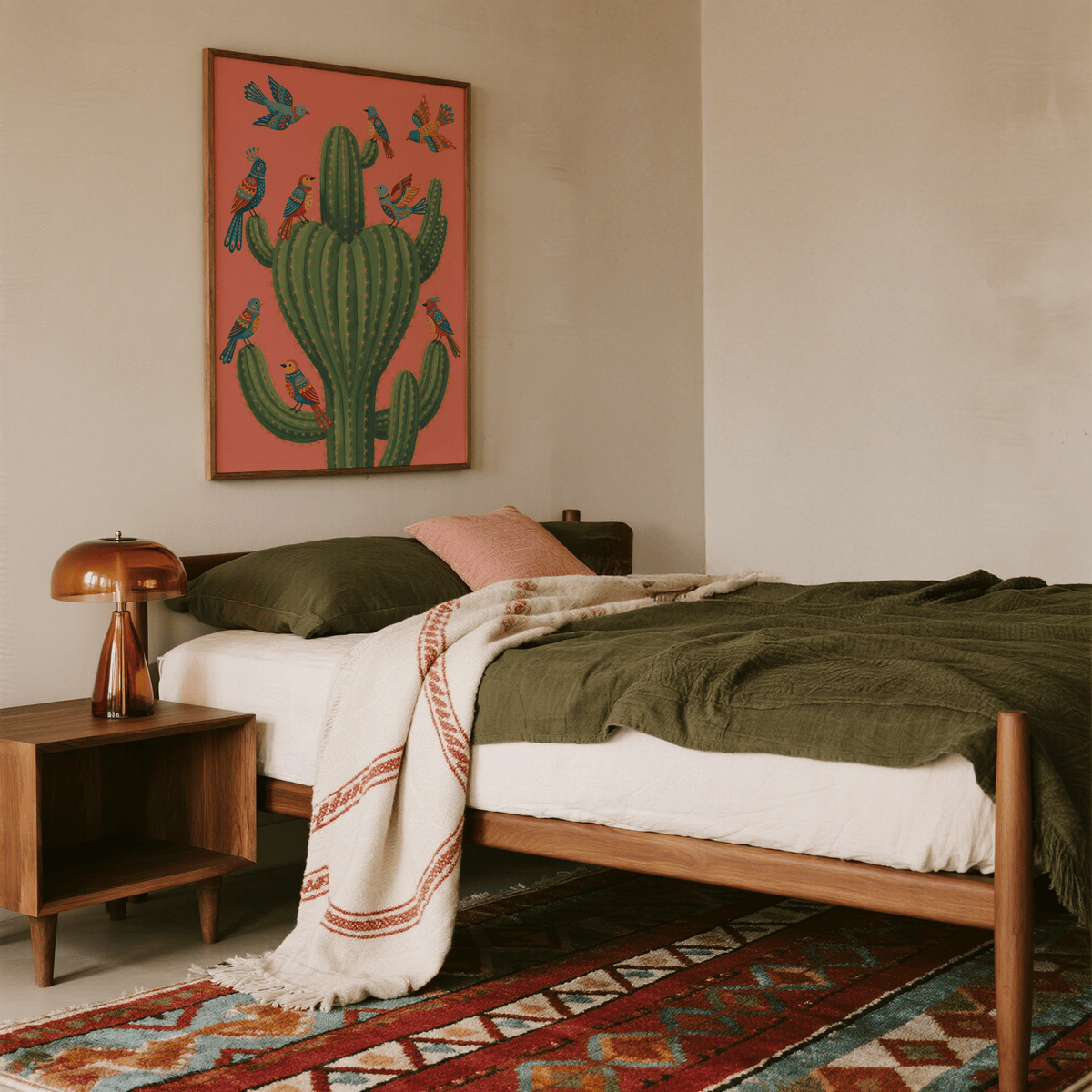 Colorful Bird Cactus Art featuring green cactus and birds for living room poster