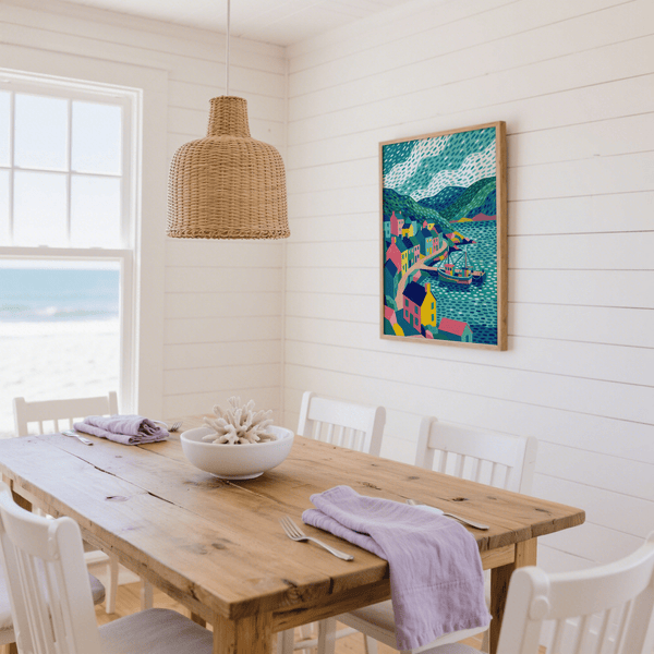 Colorful Coastal Art Print featuring Blue and Green for bedroom decor wall art.
