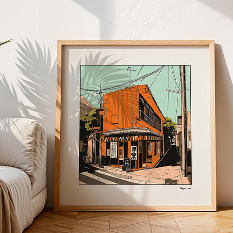 Retro Japanese artwork featuring a vibrant shopfront and street wires