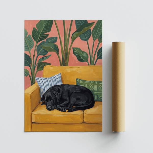 Contemporary Black Lab Wall Art with sofa in Yellow, Black, Green for bedroom, art print