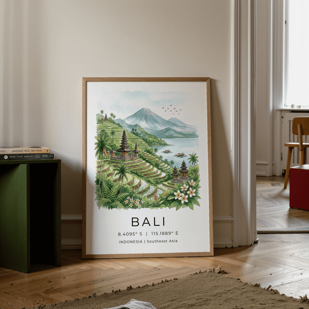 Framed mockup Bali Landscape Art Print hanging above sofa