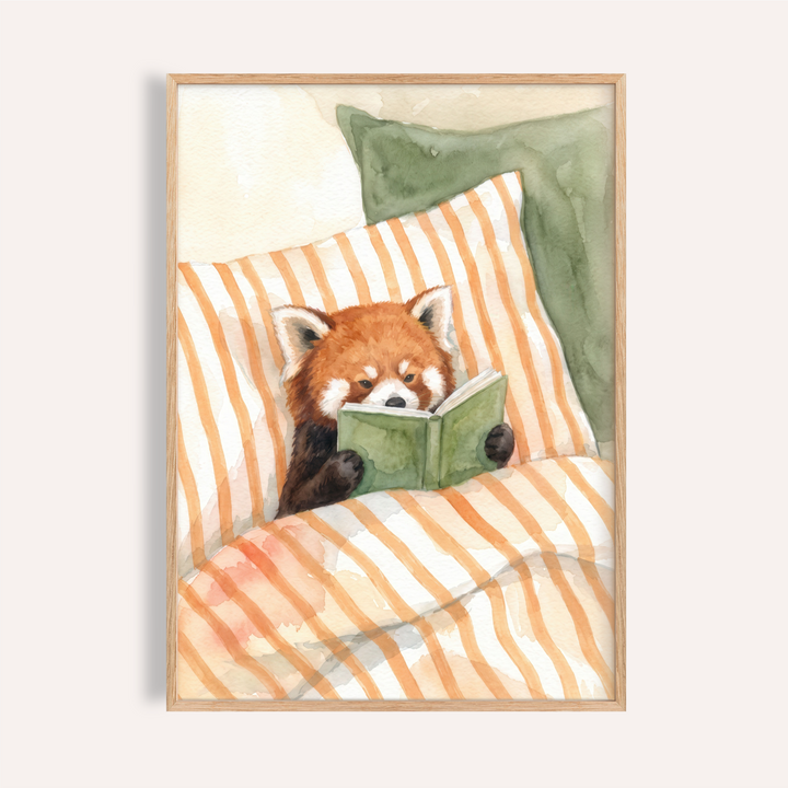 Cozy Red Panda Reading Art Print poster of a red panda holding an open book on striped bedding