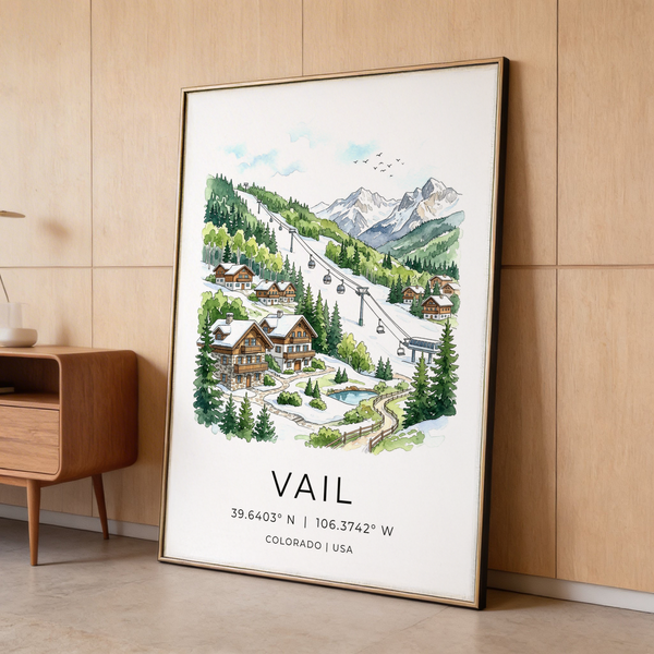 Vail Colorado Wall Art poster with diagonal ski run and pine forest backdrop