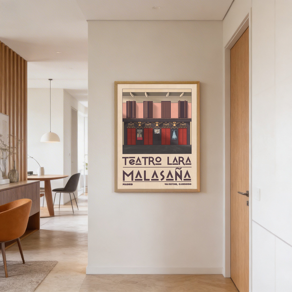 Minimal vintage-style poster print with theatre doors and coordinate-style numbers