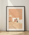 Woman Reading Book Art print in Pink, White, Beige, Orange colors for guest room