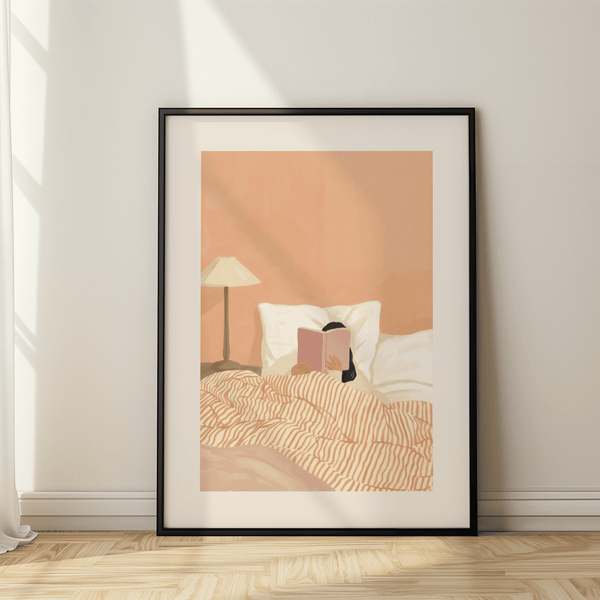 Woman Reading Book Art print in Pink, White, Beige, Orange colors for guest room
