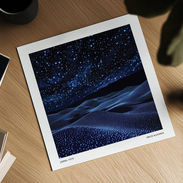 Modern navy blue wall art inspired by Kusama’s aesthetic