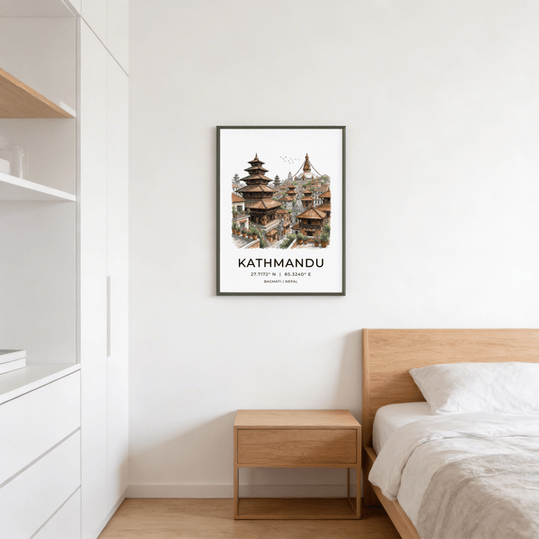 Kathmandu Art Print poster with “KATHMANDU” title and latitude longitude coordinates