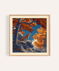 Foreground view of Hasui Kawase tiger art print poster showing tiger on rocky ledge under trees