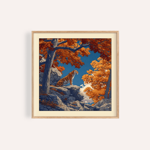 Foreground view of Hasui Kawase tiger art print poster showing tiger on rocky ledge under trees