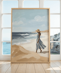 Beach Woman Art Print in Blue and Beige, perfect for entryway wall art
