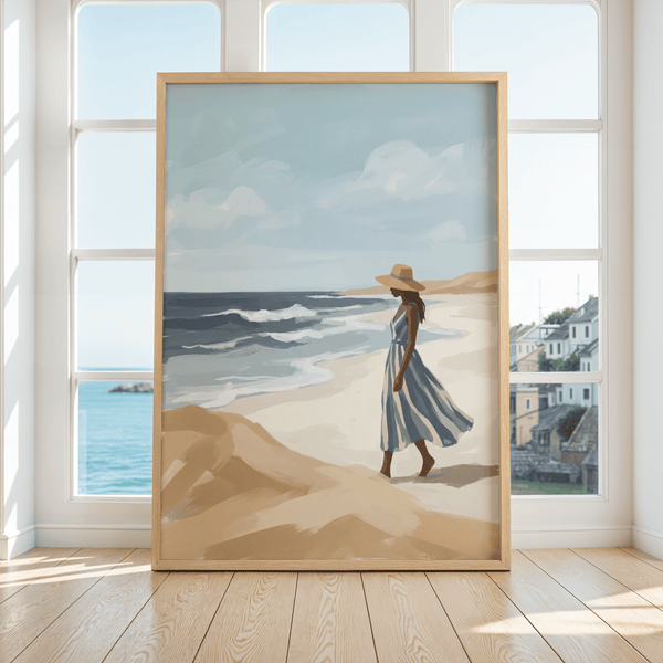Beach Woman Art Print in Blue and Beige, perfect for entryway wall art
