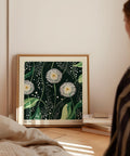 Green and white dandelion wall art in minimalist style.