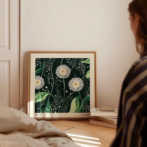 Green and white dandelion wall art in minimalist style.