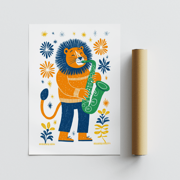 Saxophone Lion Art Print, multicolored, art for nursery, wall print