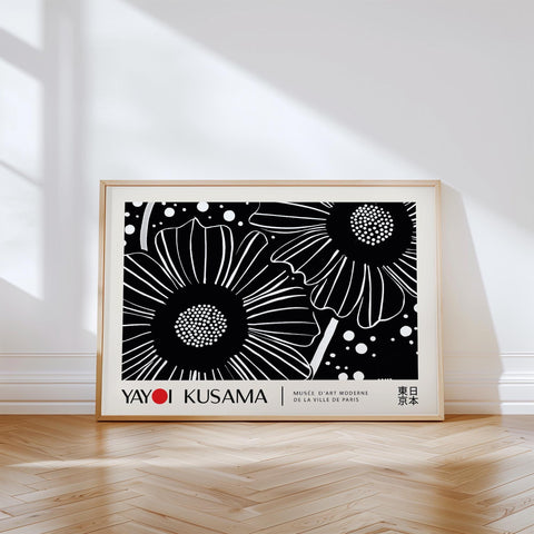 Black and white flower art print inspired by Yayoi Kusama&#39;s iconic style.