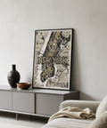 Typographic New York Map Art print with hand-drawn streets, borough names, and distressed paper texture