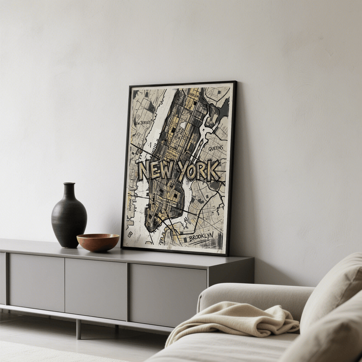 Typographic New York Map Art print with hand-drawn streets, borough names, and distressed paper texture