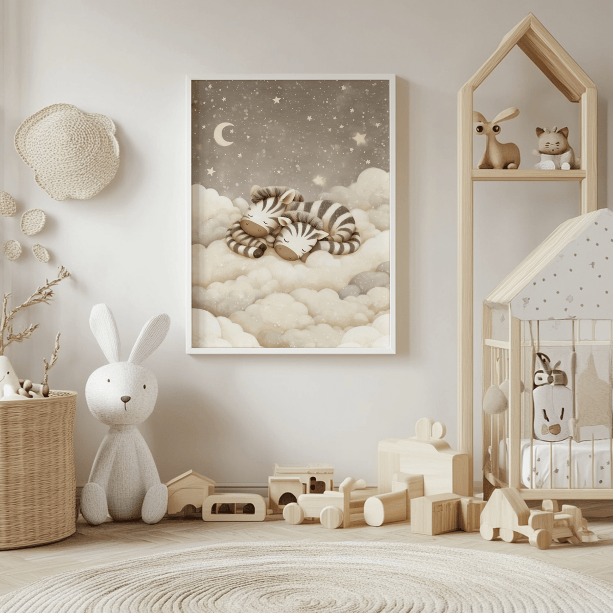 Print of sleeping baby zebras on soft clouds with stars above in a neutral nursery with toys